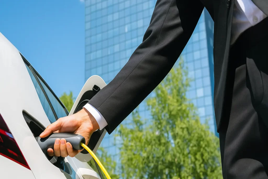 Man stopt stekker in elektrische auto vanuit zakelijke laadpaal - solar2led
