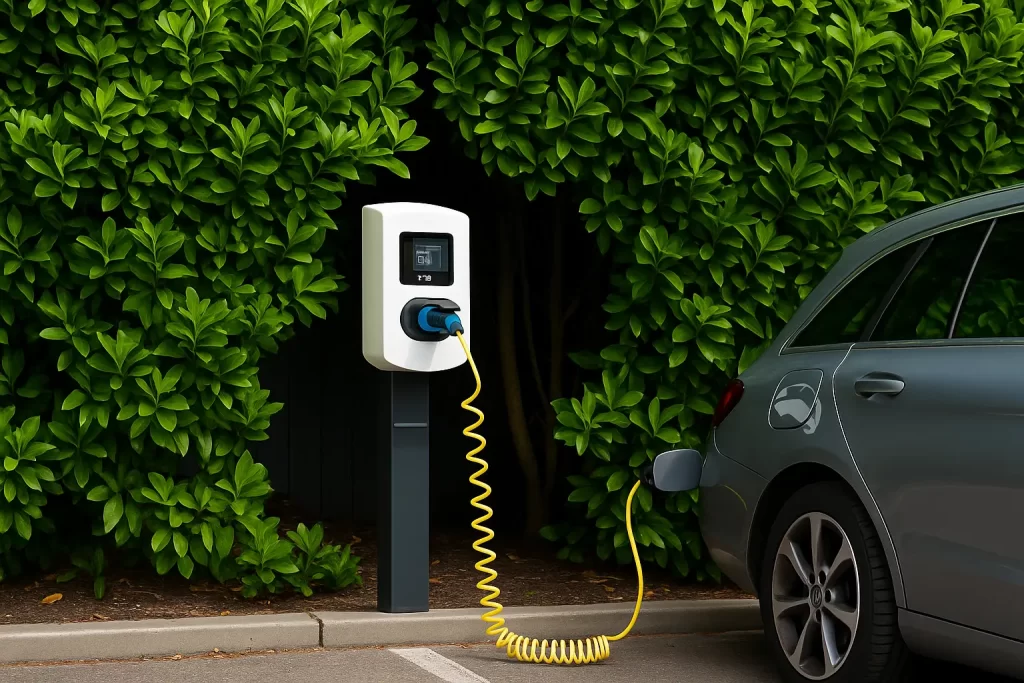 hybride stationauto die oplaadt aan een 22kwh laadpaal - solar2led