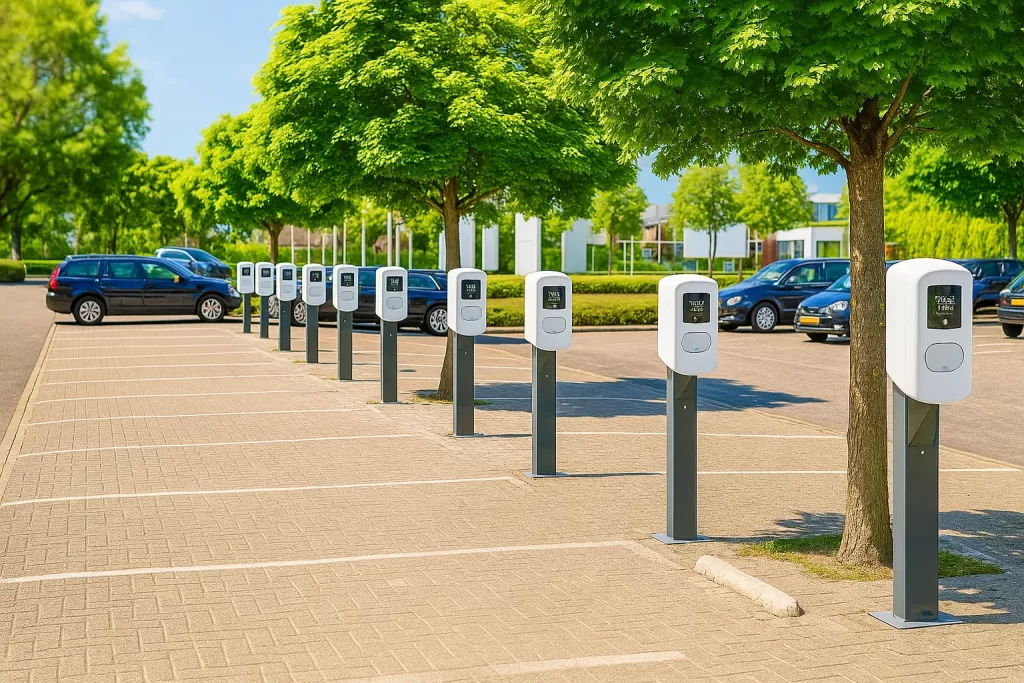 zakelijke laadpalen op parkeerplaats bij kantoorgebouw - solar2led